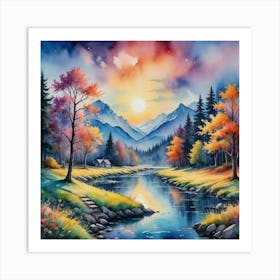 Dreamlike Mountains with a Luminous Creek Sunset River Art Print