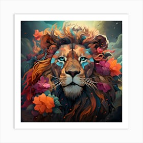 Lion With Flowers Art Print