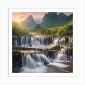 Beautiful natural landscape of waterfalls and mountains at dawn Art Print