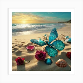 Blue Butterfly On The Beach Art Print