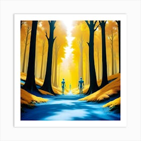 Two Aliens Walking Through A Forest Art Print