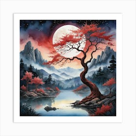 Red Tree By The Lake Art Print