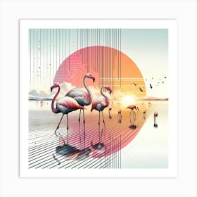 Flamingos in Water at Morning Color Drawing -Wild Bird Artwork 106 Art Print