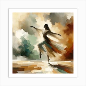 "Abstract Reverie: The Dance of Light and Shadow"  'Abstract Reverie: The Dance of Light and Shadow' is a striking depiction of a dancer lost in the moment, her form blending seamlessly with the abstract landscape around her. The painting's bold use of contrasting colors and shapes creates a sense of depth and movement, inviting the viewer into a dance that is as much about emotion as it is about form. This artwork is a statement piece that celebrates the freedom of expression and the beauty of blending traditional dance with modern abstract art.  This piece is not just an artwork; it's a conversation starter, a thought-provoking blend of tradition and contemporary style, ideal for those seeking a dynamic and emotionally resonant addition to their art collection. Art Print