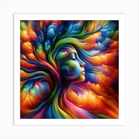 A Surreal Image Of A Woman Artistically Blended Into A Tree, With Vibrant And Psychedelic Colors Creating A Dreamlike Atmosphere Art Print