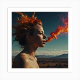 Girl Smokes Orange Smoke Art Print