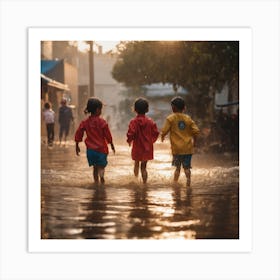 Children In A Flooded Street Art Print