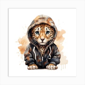 Watercolour Cartoon Leopard In A Hoodie Art Print