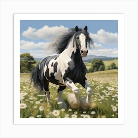 Piebald Irish Cob Horse Galloping Through Daisies Art Print