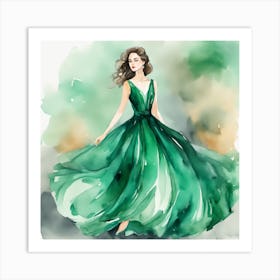 Watercolor Of A Woman In A Green Dress Art Print