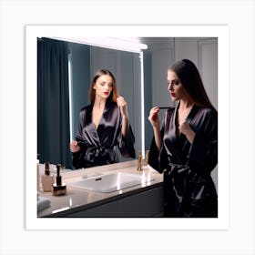 Woman In A Robe In The Bathroom Art Print