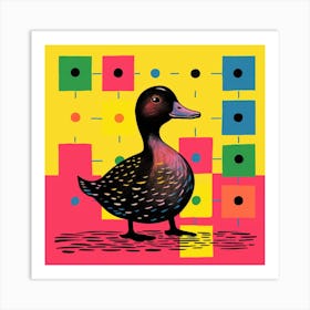 Geometric Pink & Yellow Linocut Style Duckling 3 Art Print