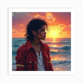 Michael Jackson With A Watercolor Sunset Over The Ocean 1 Art Print