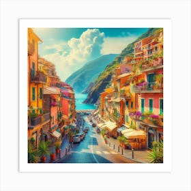 An Image Of Streets By Mediterranean Sea In Italy During Summer, Bright, Colorful And Beautiful (1) Art Print