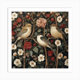 Three Birds In A Rose Garden Art Art Print