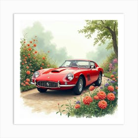 Ferrari Surrounded By Watercolor Blossoms In A Charming Garden 1 1 Art Print