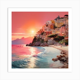 Pink Horizon: Positano Moonlit Watercolour Fantasia Art Print