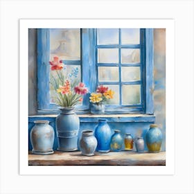 Blue wall. Open window. From inside an old-style room. Silver in the middle. There are several small pottery jars next to the window. There are flowers in the jars Spring oil colors. Wall painting.44 Art Print