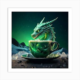 Firefly Green, Dragon, Coffee, Cup, Iceberg, Ocean, Artic, Background, Northern Lights, Hyper Realis (8) Art Print