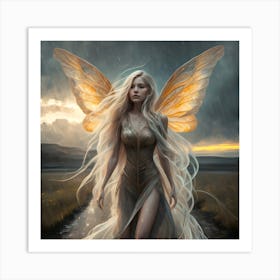 Hyper realistic delicate bright peaceful fairy with long yellow and cream hair fading into the wind, walking in the rain Art Print