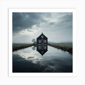 Old House Reflected In A Tranquil Pond Surrounded By Clouds On A Black Background Creating A Seren Art Print