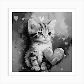 Black and White Kitten With Heart 1 Art Print