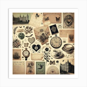 Retro Clock, Old Book, Butterfly, And Key On Wooden Surface Art Print