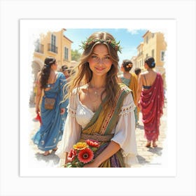 Greek Beauty In Watercolor, Surrounded By The Vibrant Colors Of A Traditional Festival 1 Art Print