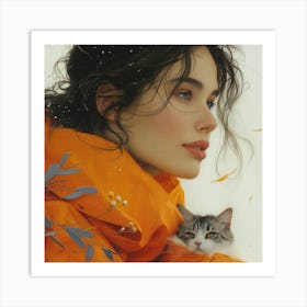 Girl With A Cat Art Print