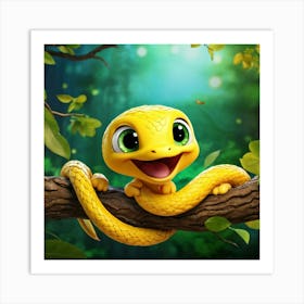 Baby Snake With Surprised Expression On A Tree Branch 3d Animation Yellow Scales Green Eyes Formi Art Print