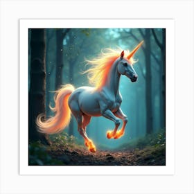 A Whimsical Unicorn With A Mane Of Glowing, Fractal Light Galloping Through A Dreamlike Forest Art Print