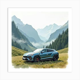 Lamborghini Urus In A Watercolor Mountain Valley With Misty Clouds 1 Art Print