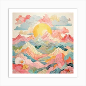 Sunny Mountain Mosaic A Playful Pastel Landscape Illustration 1 Art Print