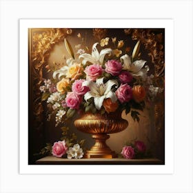 Gold Vase With Roses Art Print