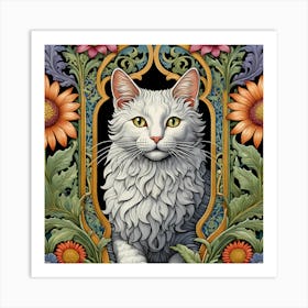 Cat With Flowers william morris inspired art Art Print