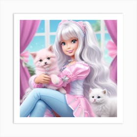 Girl And Her Kittens Art Print