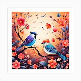 Birds In The Garden, A Bright-Toned Design With Flowers And Leaves Trees And Birds A Beautiful And Simple Picture 1 Art Print