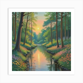 Sunset Serenity Blossoms By The Tranquil Stream (2) Art Print