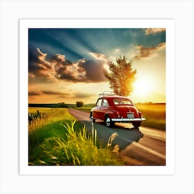 Vintage Car On A Country Road Art Print