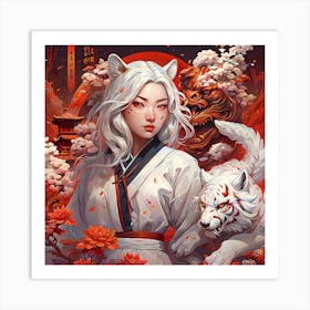 flowers wolf Asian Girl With A little Wolf Art Print