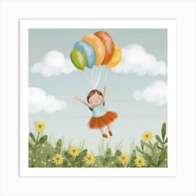 Little Girl Flying With Balloons 1 Art Print