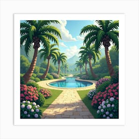 A Peaceful Oasis Surrounded By Palm Trees And Vibrant Flora 1 Art Print