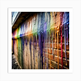 A colorful and abstract image of paint dripping down a brick wall. Art Print