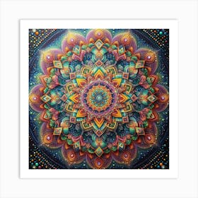 A vibrant diamond painting of a complex Mandala, with a mesmerizing interplay of light and shadow between the different colored diamonds Art Print