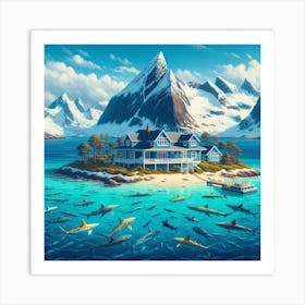 An island with sharks (Variant 4) Art Print