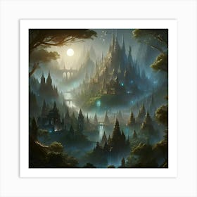 An Intricate High Fantasy Digital Art Piece, Focusing On A Sprawling Elven City Nestled In An Ancient Forest, Bathed In The Ethereal Twilight Glow Art Print