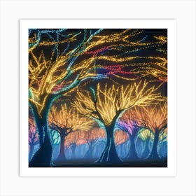 A captivating scene of trees that appear to be alive, with twinkling lights and vibrant 4 Art Print