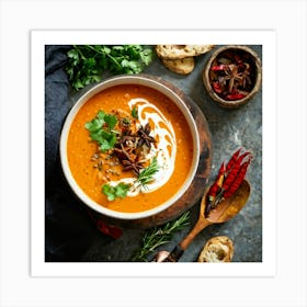 Autumn Pumpkin Curry Soup Simmering In A Traditional Clay Pot Steam Rising Surrounded By An Assort (2) Art Print