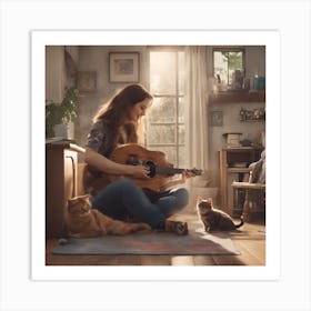 Girl Plays Guitar With Cats Art Print