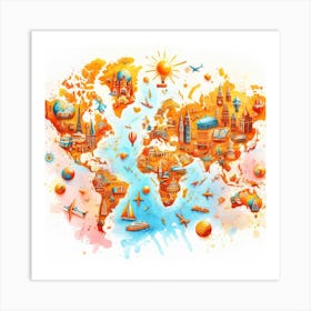 Splashy World - Watercolor Painting of a World Map with Warm and Bright Colors Art Print